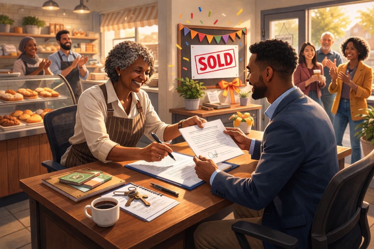 A small-business owner signing the sale of her business with an advisor