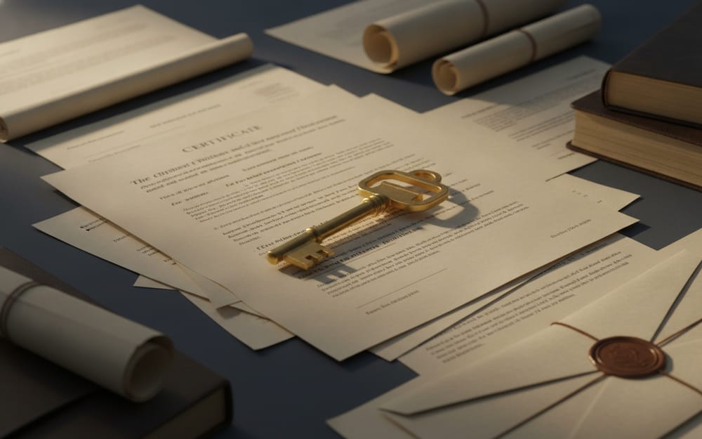 A brass key resting on estate documents