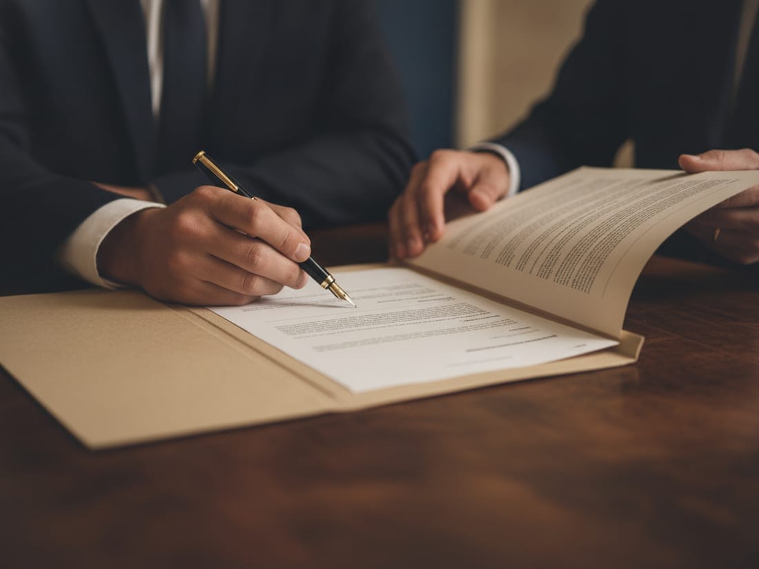 Two professionals reviewing and signing estate documents
